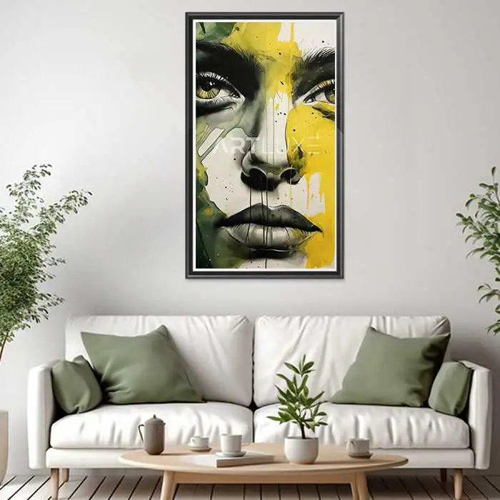 Tableau Portrait femme aquarelle visage peinture jaune dégoulinant