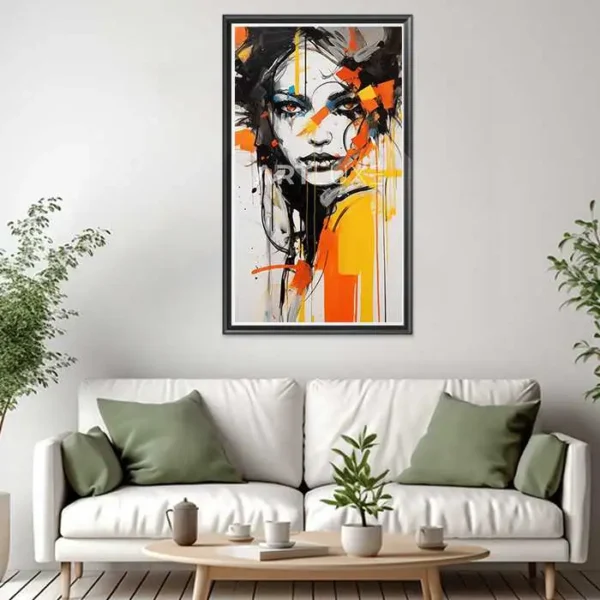 Tableau Portrait abstrait femme peinture orange et noire