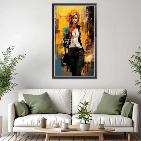 Tableau Fille dans ville abstraite couleurs lumineuses