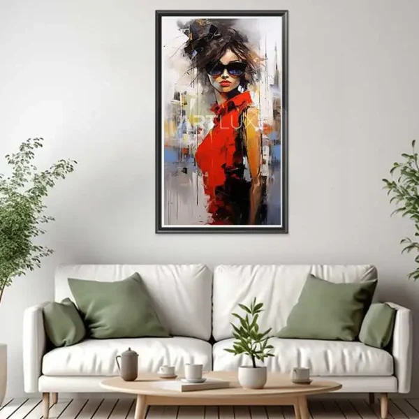 Tableau femme portant des lunettes de soleil et une robe rouge