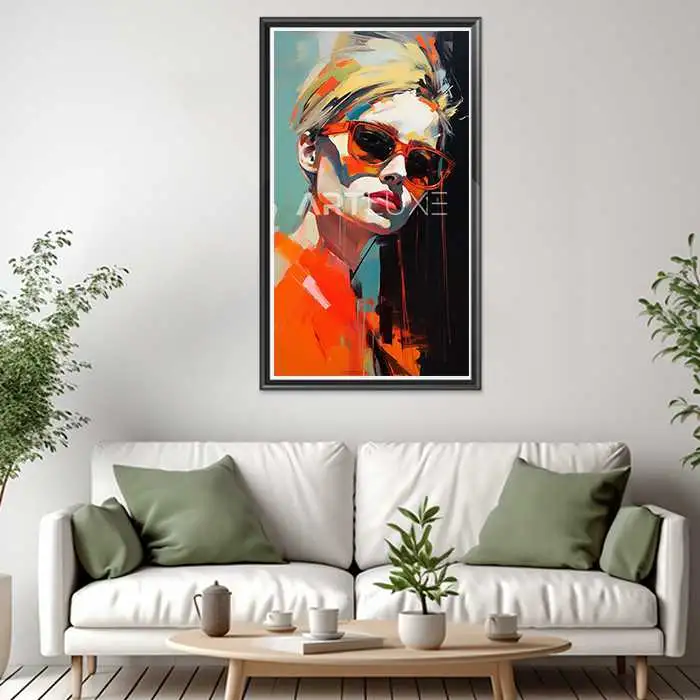 Tableau femme portant des lunettes de soleil et une robe rouge