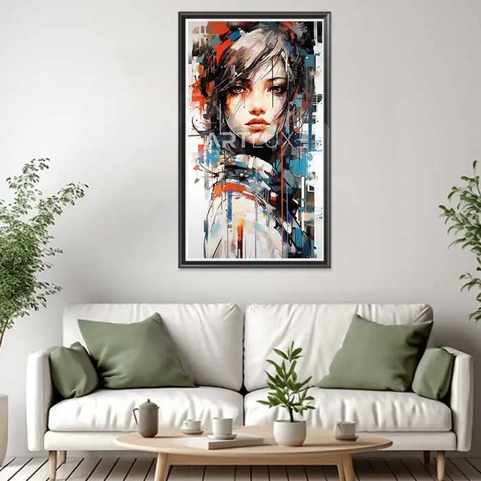 Tableau visage de femme avec un fond rouge et bleu