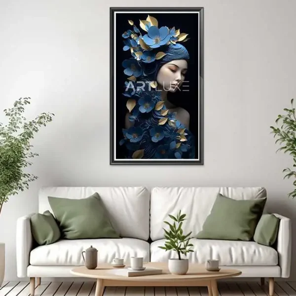 Tableau femme avec des fleurs bleues sur la tête