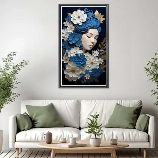 Tableau femme aux cheveux bleus et des fleurs dans les cheveux
