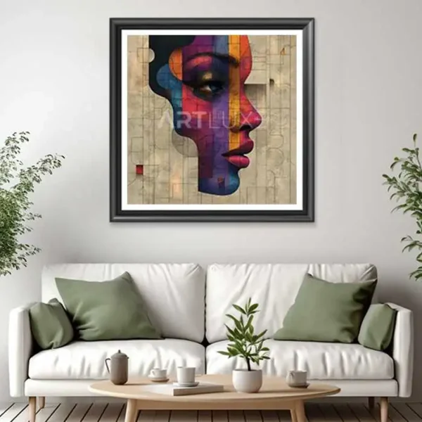 Tableau représentant un visage de femme avec des lignes colorées dessus