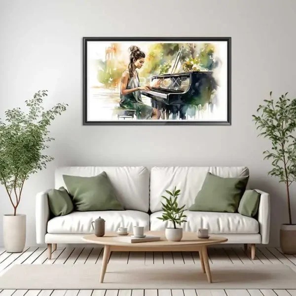 Aquarelle représentant une femme jouant du piano