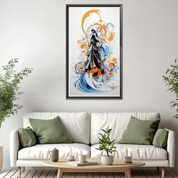 Tableau femme avec des tourbillons orange et bleus