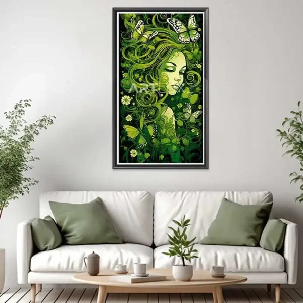 Tableau femme aux cheveux verts et des papillons sur la tête