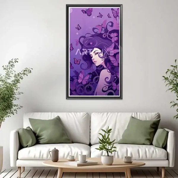 Tableau femme aux cheveux violets entourée de papillons
