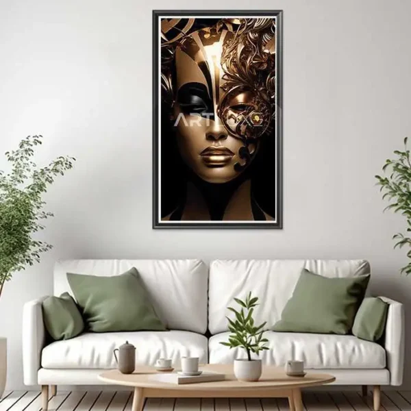 Tableau visage de femme avec un masque doré dessus