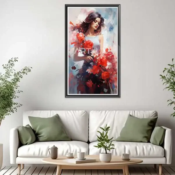 Tableau femme tenant un bouquet de fleurs