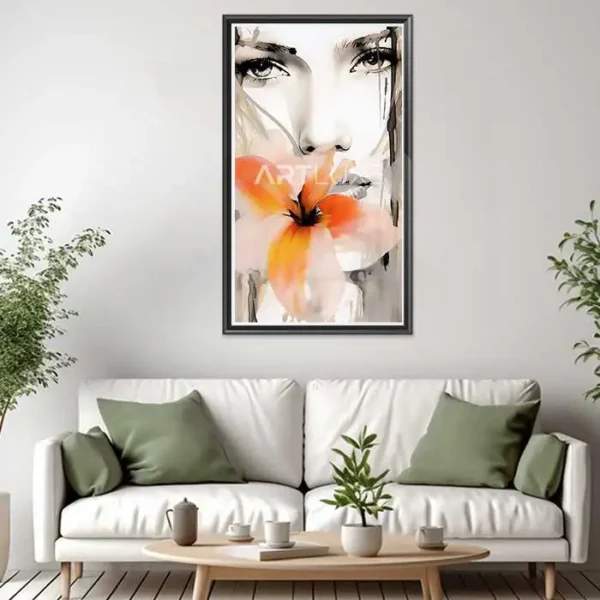 Tableau femme avec une fleur dans la bouche