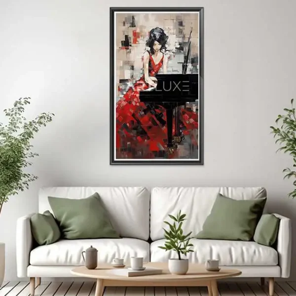 Tableau femme en robe rouge jouant du piano