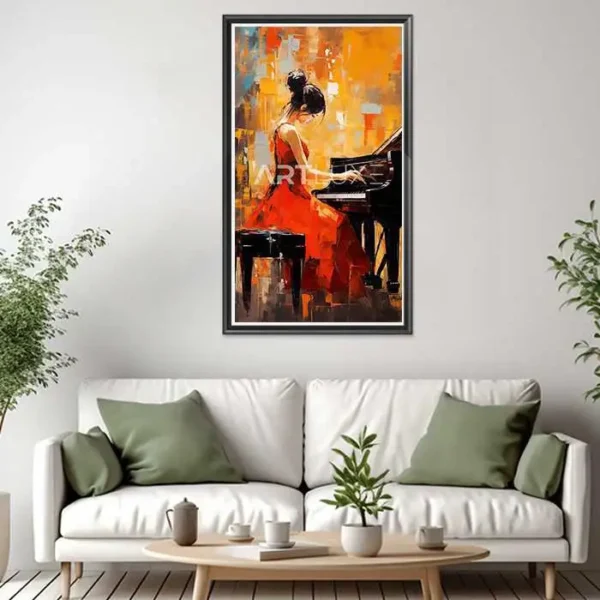 Tableau femme en robe rouge jouant du piano