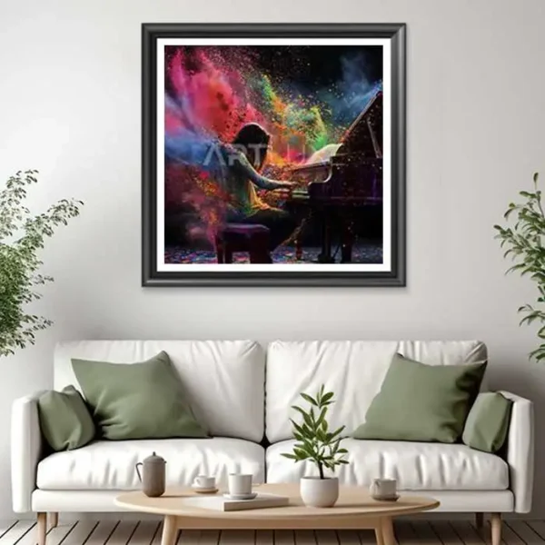 Tableau femme assise devant un piano recouverte de poudre colorée