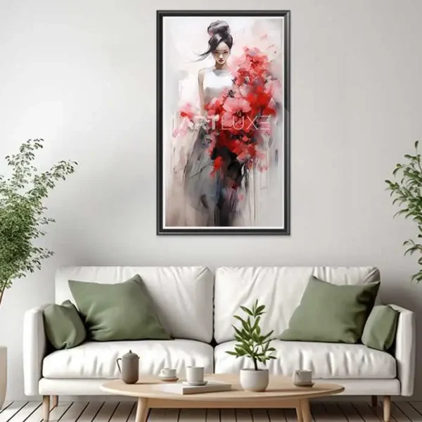 Tableau femme tenant un bouquet de fleurs