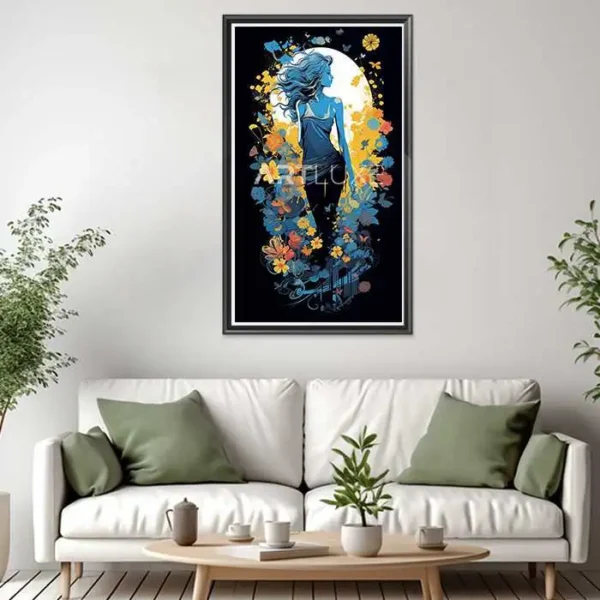 Tableau femme debout devant la pleine lune