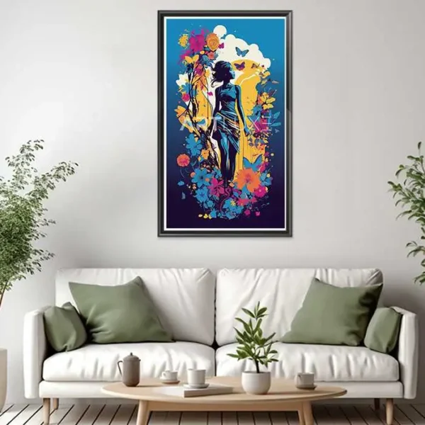 Tableau femme avec des fleurs et des papillons