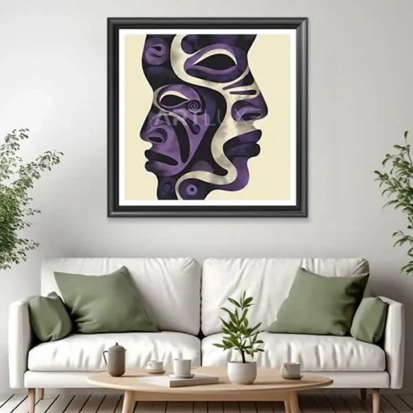 Tableau visage d'une personne en violet et blanc