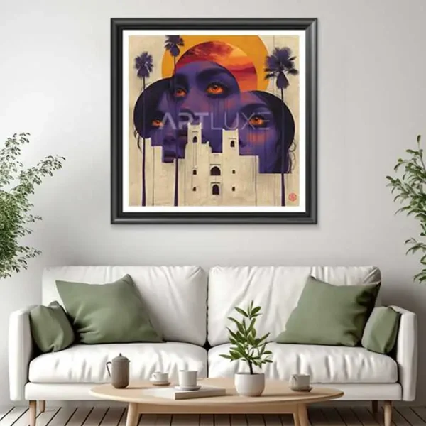 Tableau représentant un visage de femme avec un château en arrière-plan