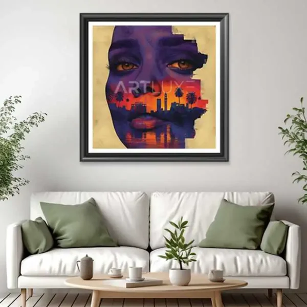 Tableau représentant un visage de femme avec un horizon de ville en arrière-plan