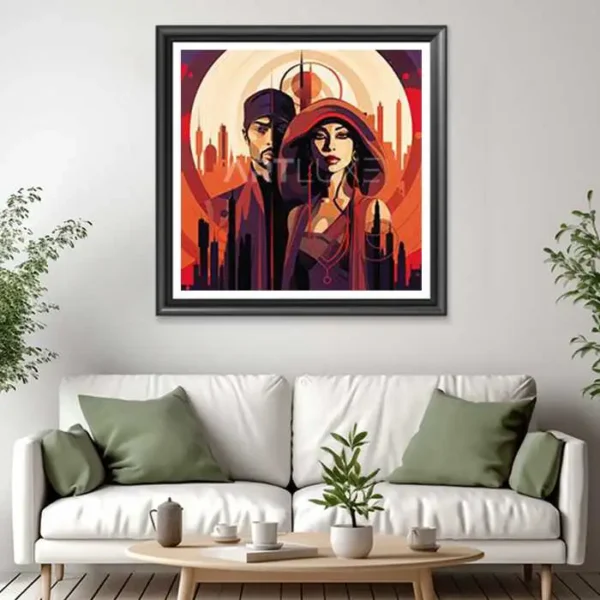 Tableau homme et femme debout l’un à côté de l’autre devant une ville