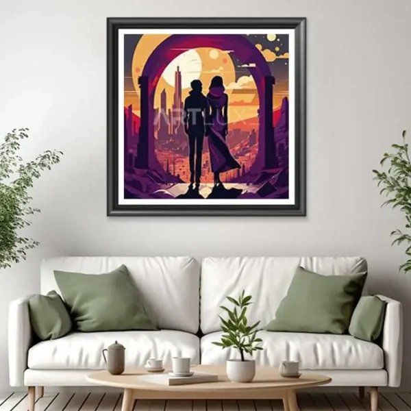 un homme et une femme debout devant une ville