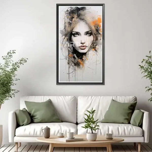 Tableau visage de femme avec des éclaboussures de peinture orange et noire