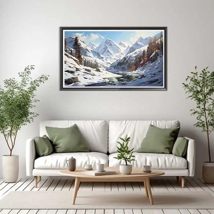 Tableau de montagnes couvertes de neige et d'une rivière