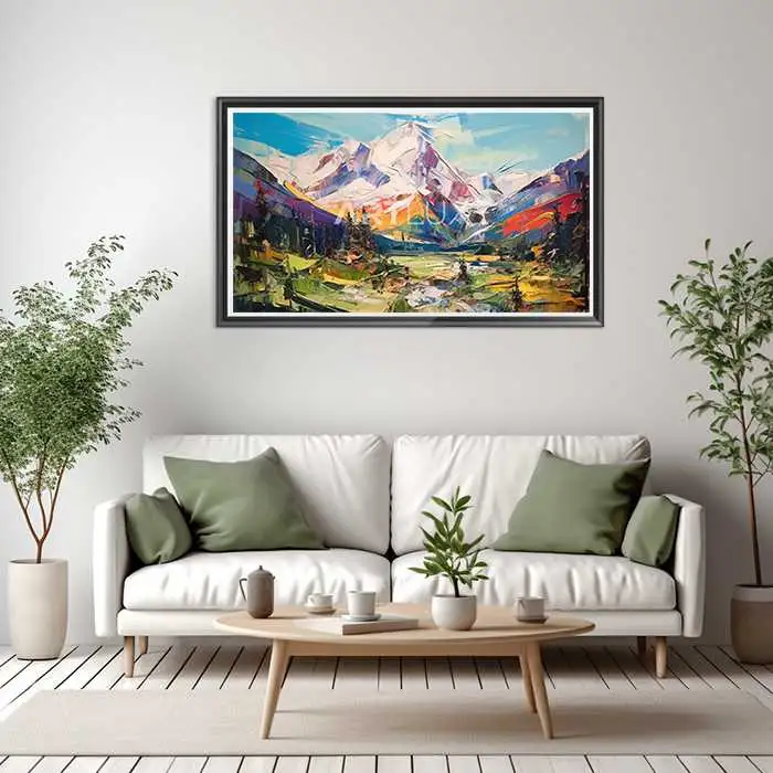 Tableau chaîne de montagnes traversée par une rivière