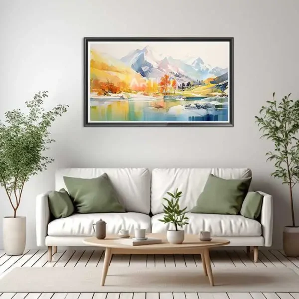 Tableau chaîne de montagnes avec un lac au premier plan
