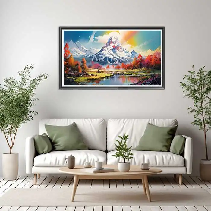 Tableau montagne avec un lac devant elle