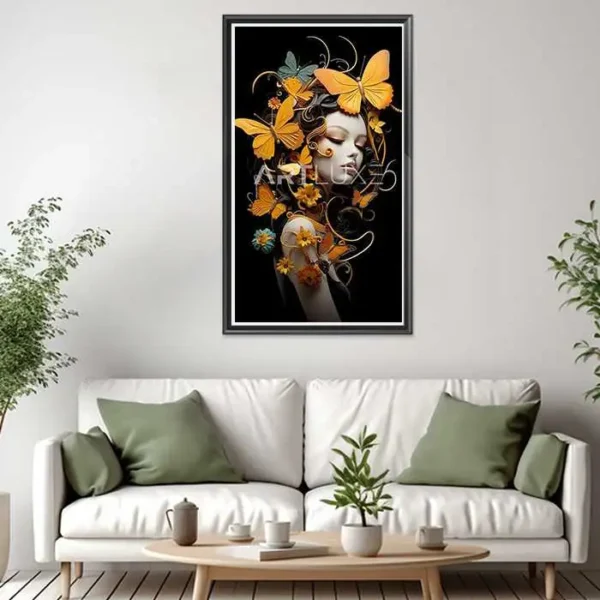 Tableau femme avec des papillons jaunes sur la tête
