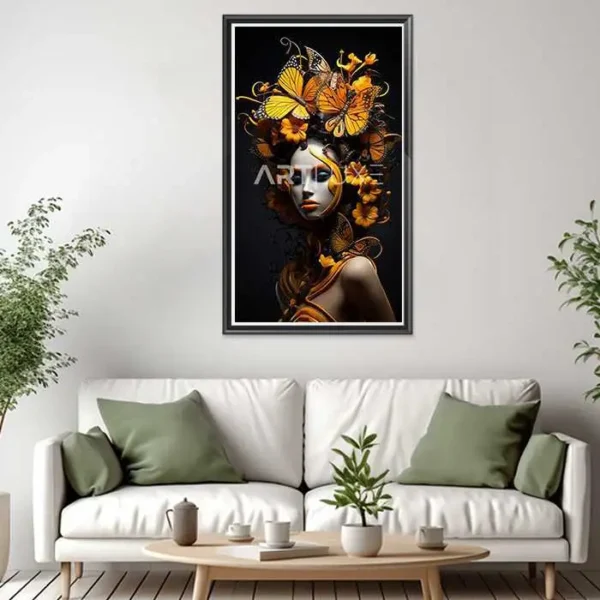 Tableau femme avec des papillons jaunes sur la tête