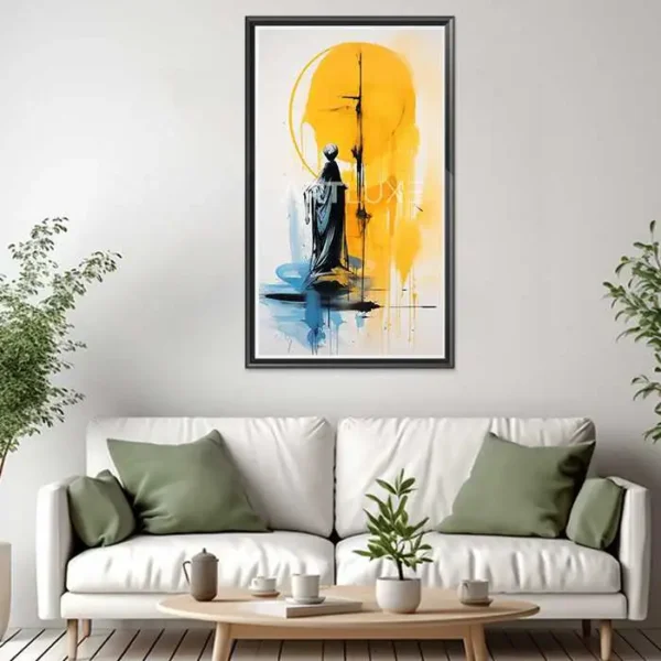 Tableau homme debout devant un soleil jaune
