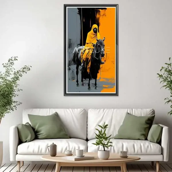 Tableau personne en tenue jaune montant à cheval