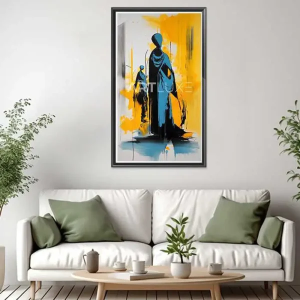 Tableau de deux personnes debout devant un fond jaune et bleu