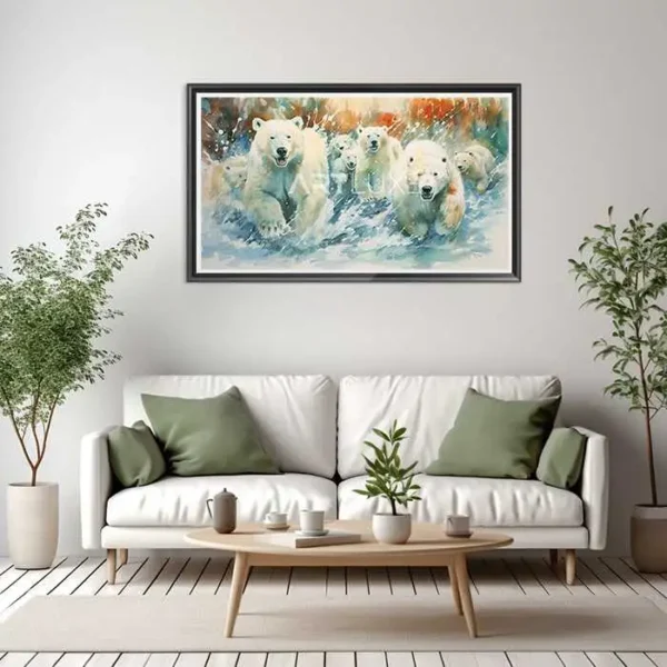 Tableau groupe d'ours polaires courant dans la neige