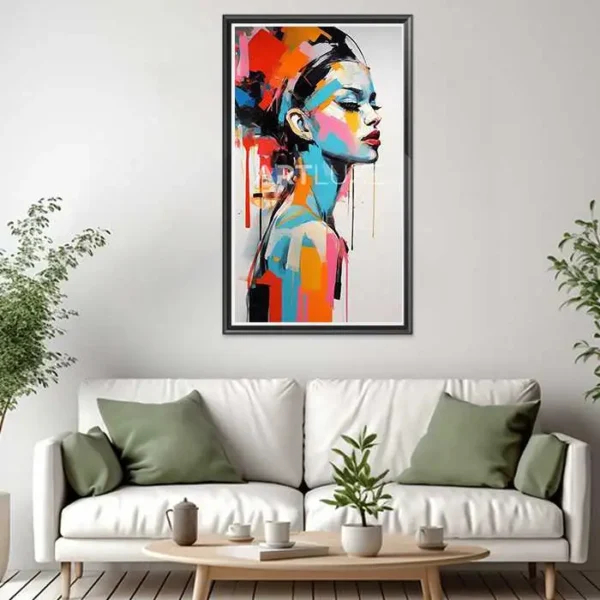 Tableau visage de femme avec des éclaboussures de peinture multicolores