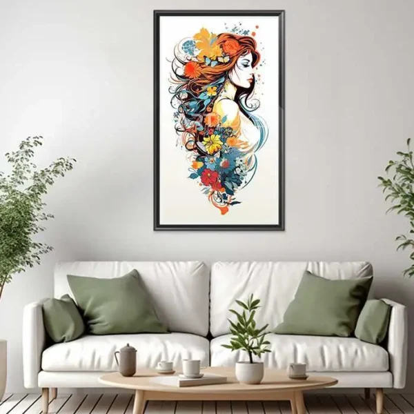 Tableau femme aux cheveux longs et des fleurs dans les cheveux