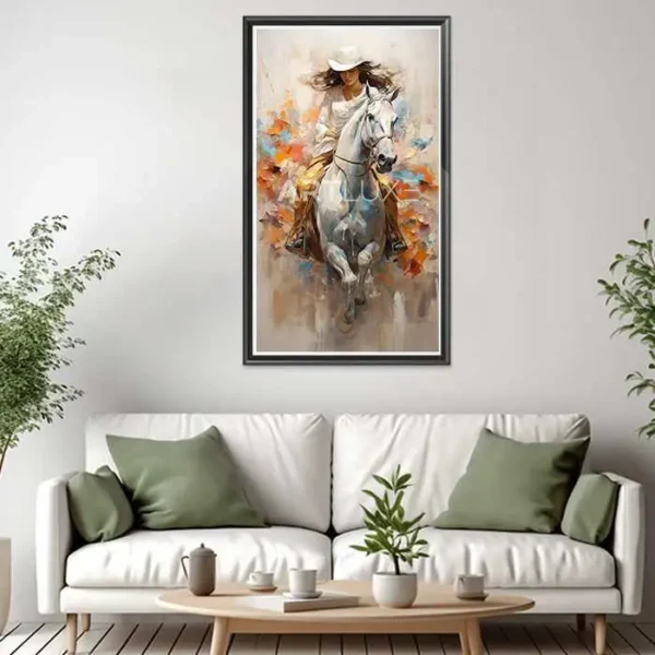 Tableau femme montant un cheval blanc