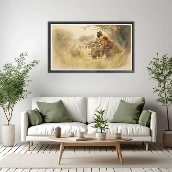 Tableau homme assis à côté d'un lion par Peter Helck
