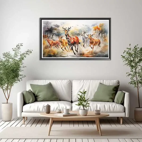 Tableau troupeau de cerfs courant à travers une forêt