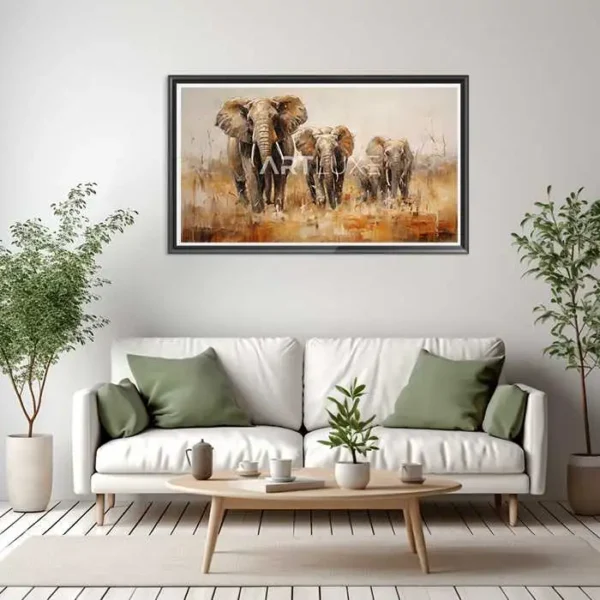 Tableau troupeau d'éléphants traversant un champ