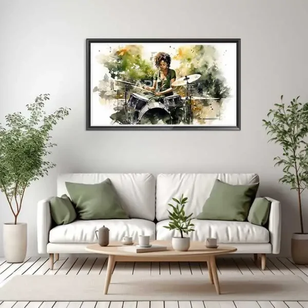 Aquarelle représentant une femme jouant de la batterie