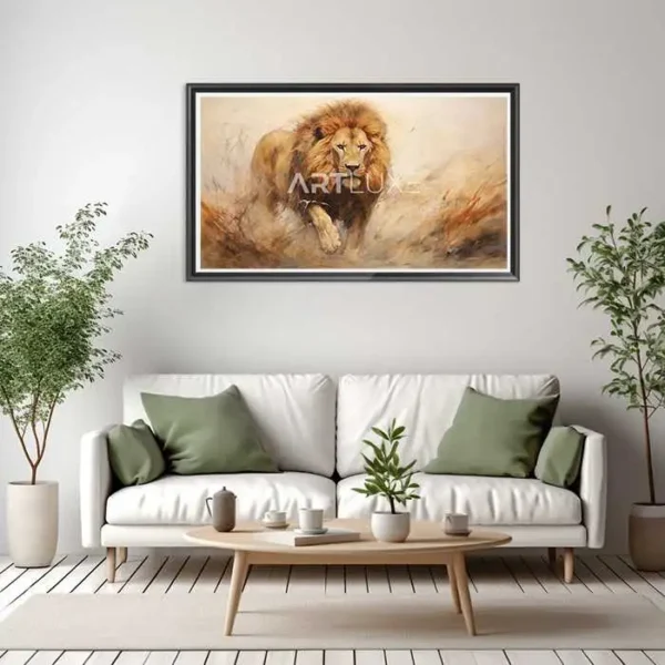 Tableau lion courant dans un champ